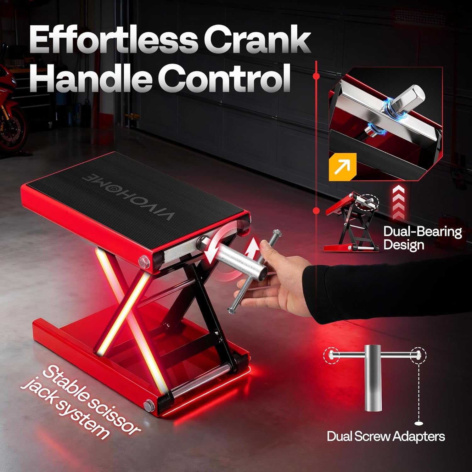 1100 LBS Motorcycle Lift Scissor Jack, Wide Deck Hoist Stand, Height Adjustable Center Stand with Crank, Steel Lift for Cruiser, Dirt Bike, ATV - Red