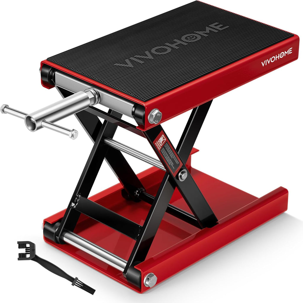 1100 LBS Motorcycle Lift Scissor Jack, Wide Deck Hoist Stand, Height Adjustable Center Stand with Crank, Steel Lift for Cruiser, Dirt Bike, ATV - Red