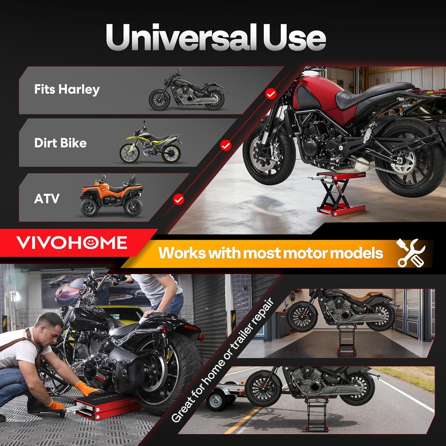 1100 LBS Motorcycle Lift Scissor Jack, Wide Deck Hoist Stand, Height Adjustable Center Stand with Crank, Steel Lift for Cruiser, Dirt Bike, ATV - Red