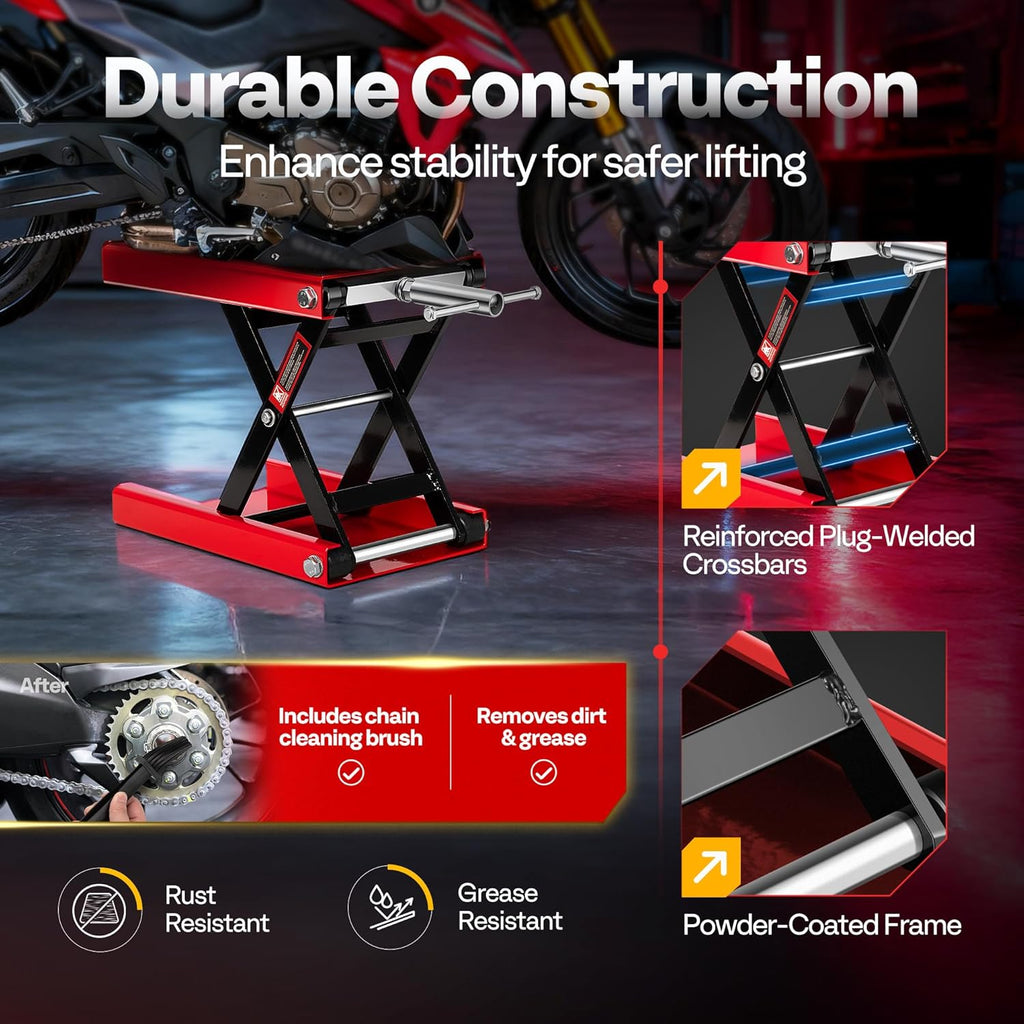 1100 LBS Motorcycle Lift Scissor Jack, Wide Deck Hoist Stand, Height Adjustable Center Stand with Crank, Steel Lift for Cruiser, Dirt Bike, ATV - Red