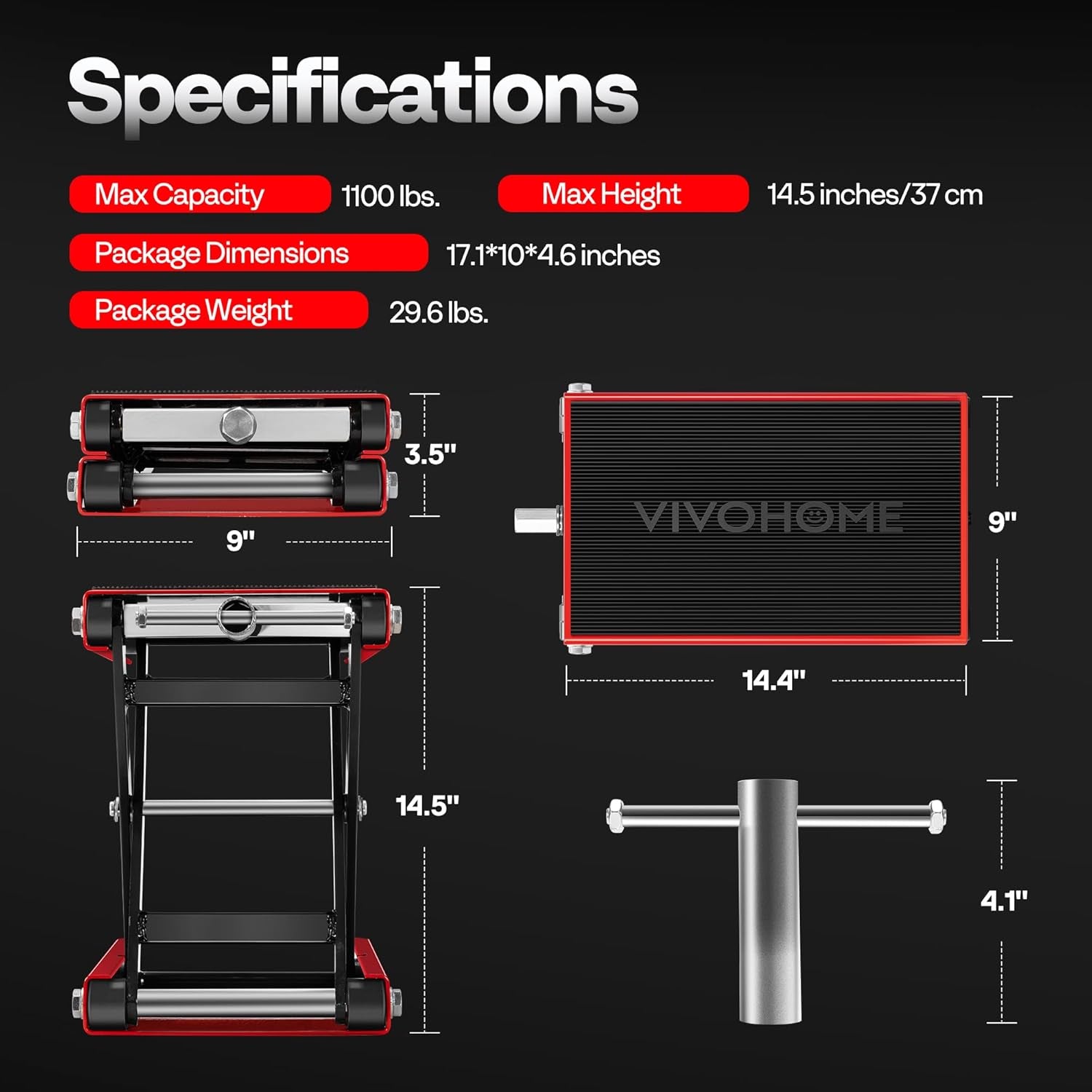 1100 LBS Motorcycle Lift Scissor Jack, Wide Deck Hoist Stand, Height Adjustable Center Stand with Crank, Steel Lift for Cruiser, Dirt Bike, ATV - Red