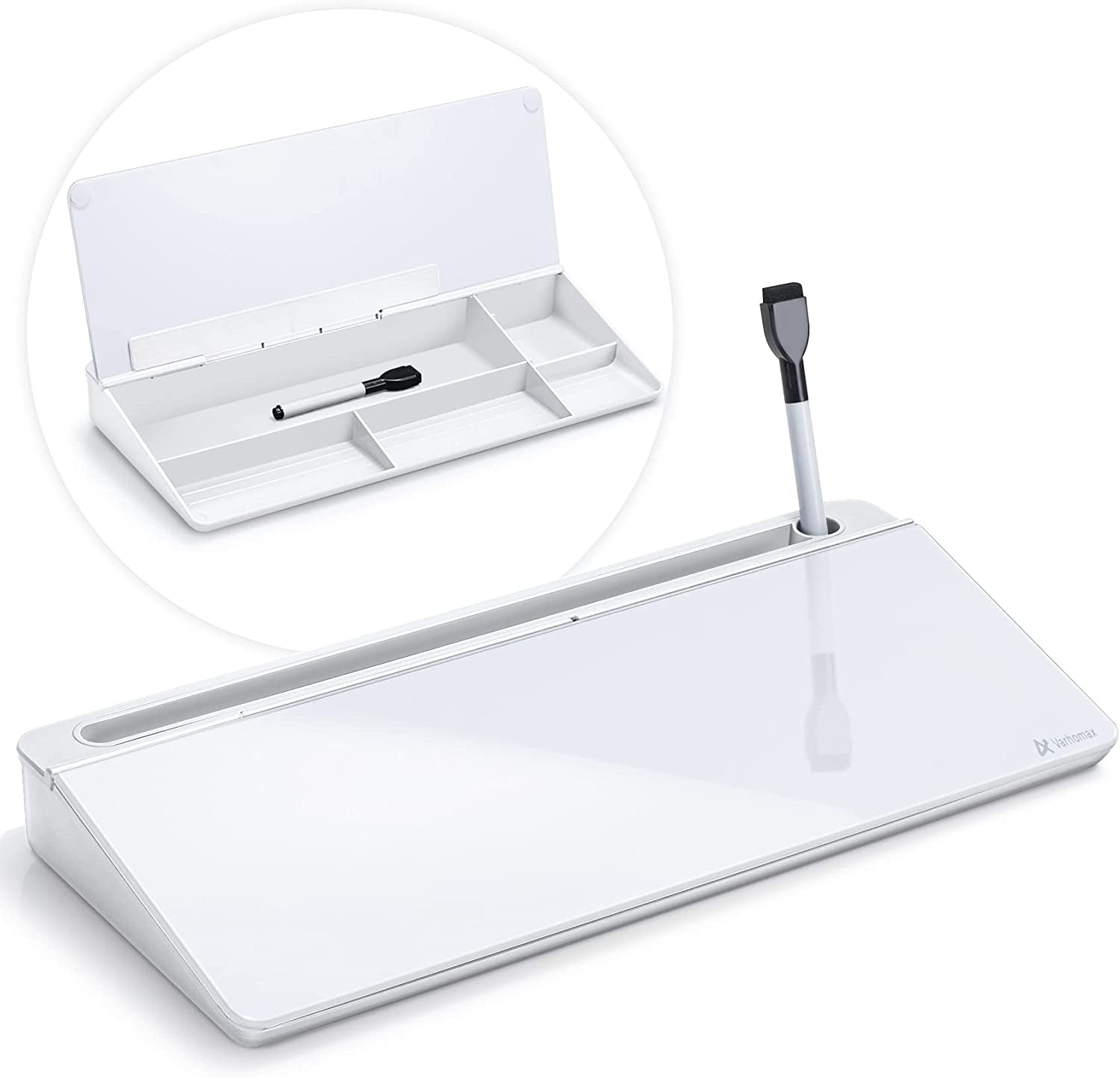 Glass Desk Whiteboard with Storage, Desktop Organizer To-Do List Memo Notepad Dry Erase White Board for Home Office and School Supplies (White)