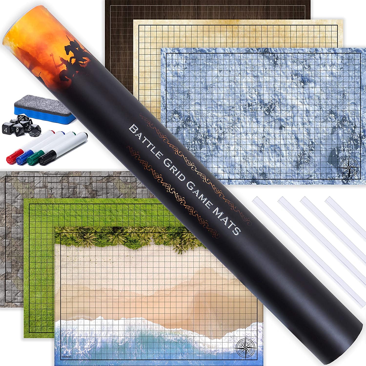 DND Starter Set | 3 X Double Sides 24X 36 Game Grid Mat | 6 Terrains Includes Dry Erase Markers, Eraser, Dice and Clips