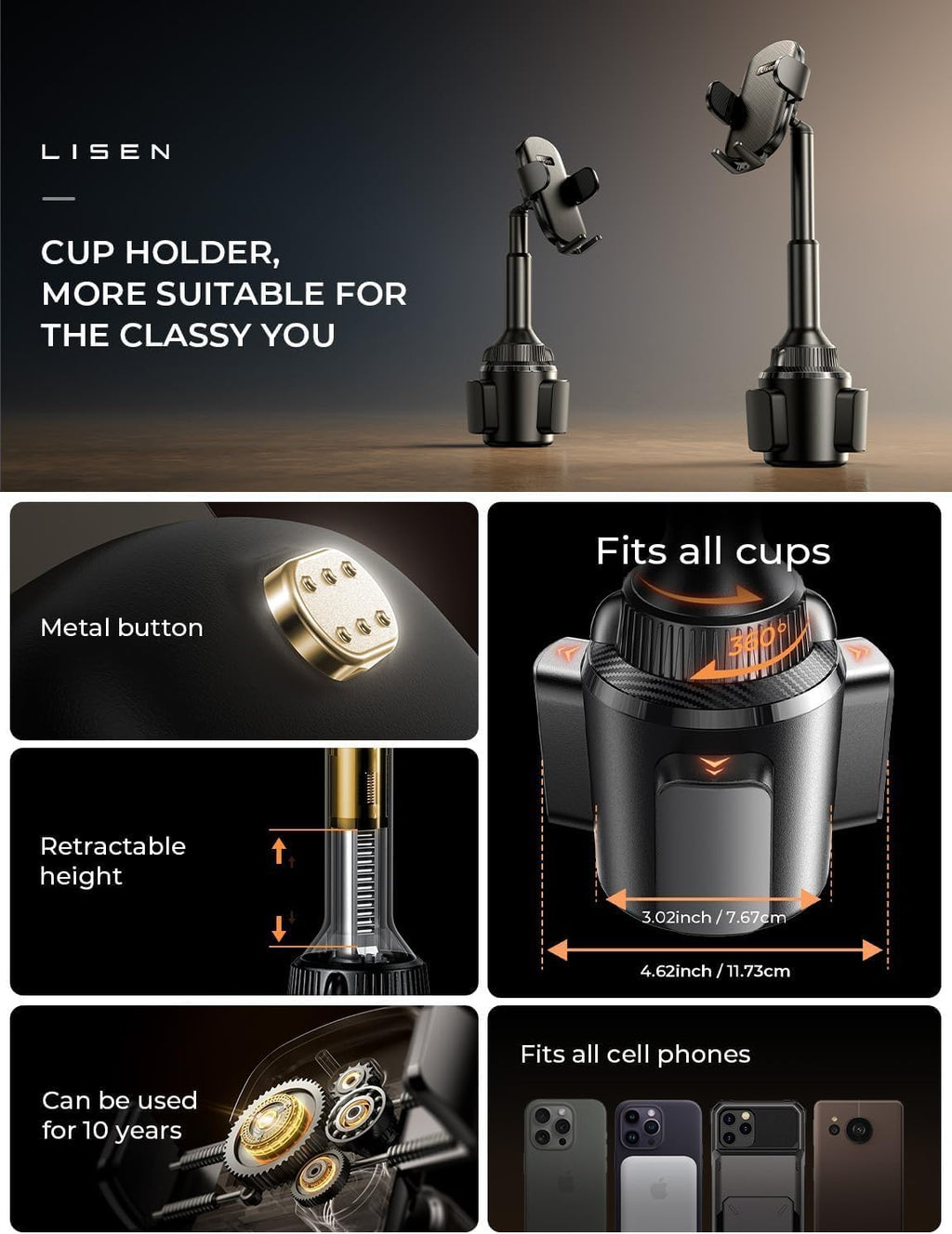Cup Holder Phone Holder [No Shaking] Phone Holder for Car, 360° Adjustable Iphone Holder Car Accessories for Women Truck Jeep Golf for Iphone 17 Pro Max 16 15 14 Samsung S25 All 4-7'' Phone