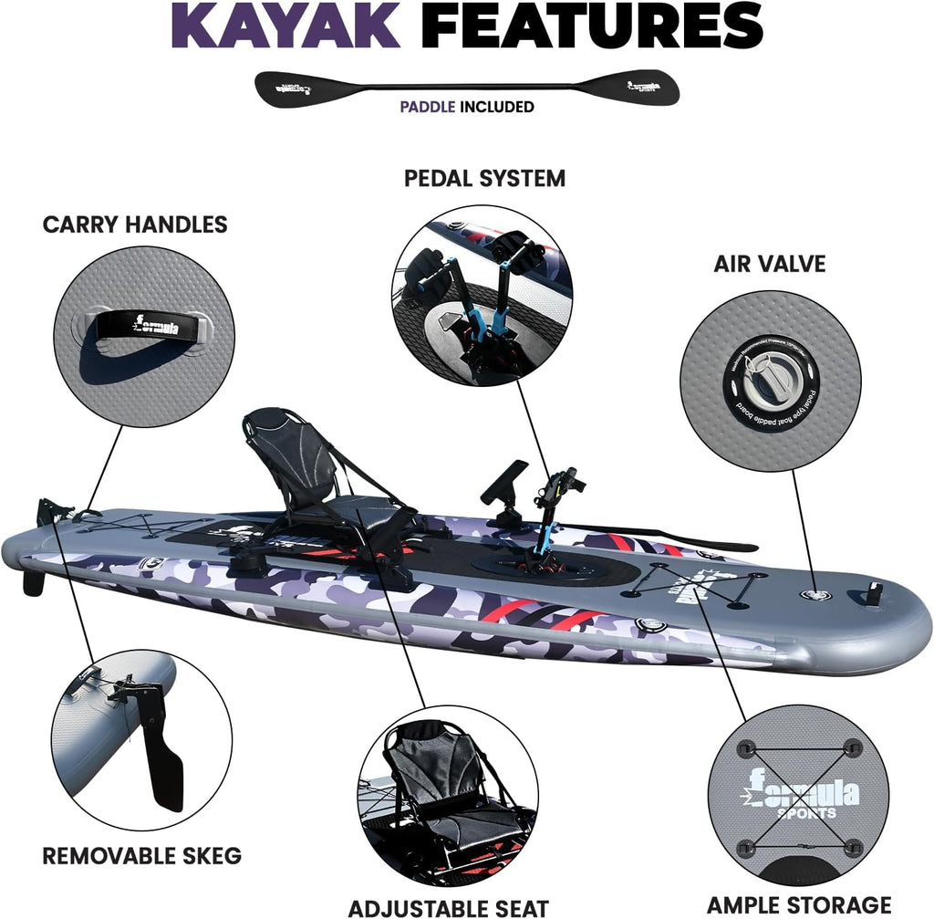 Inflatable Fishing Kayak for Adults - 1 Person, Pedal Drive, Folding, with Movable Seat, Hand Pump & Paddle & Oxford Bag, 410Lbs Capacity