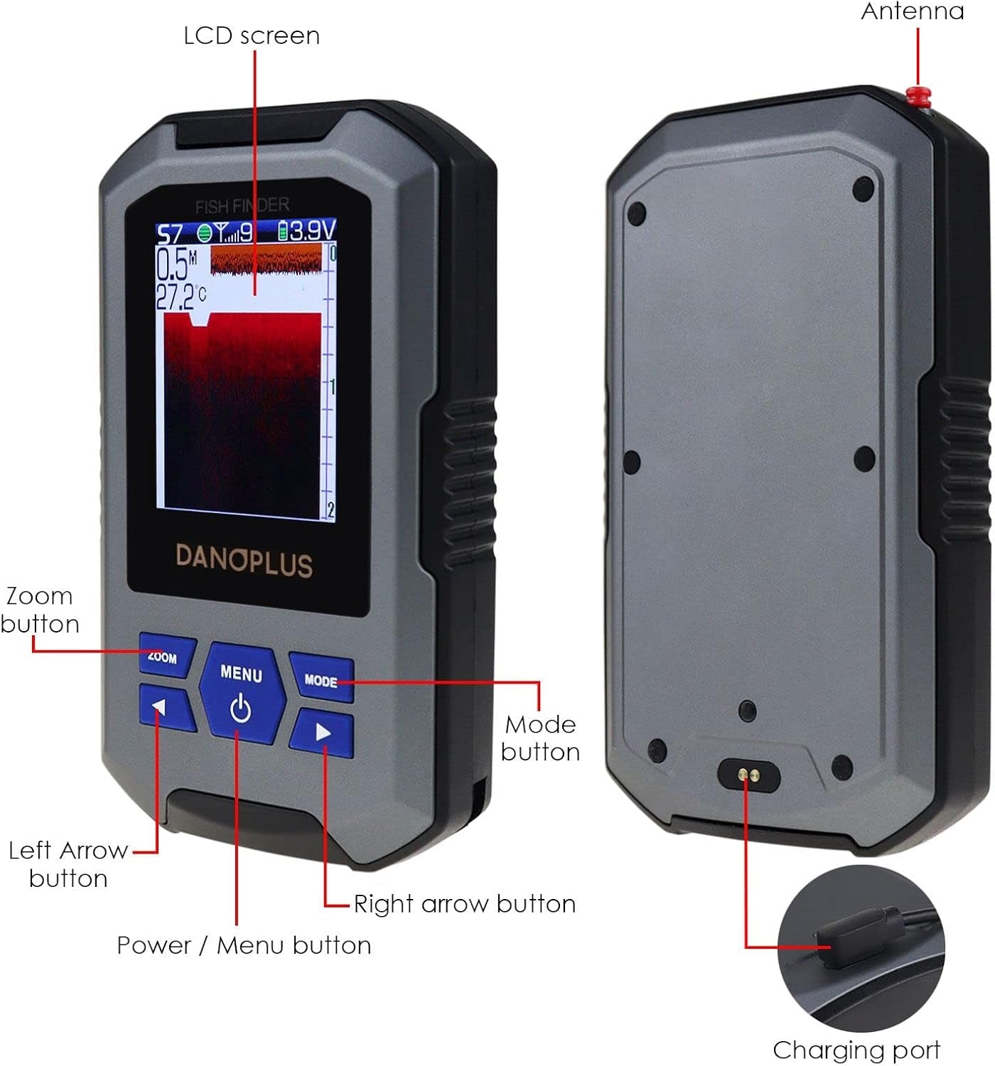 Portable Fish Finder Large HD Display Wireless Fish Finder, Fish Finders & Depth Finders for Boats with 147 Feet Depth Detection Sensor, Rechargeable Castable Fish Finder Display Fish, Temp, Depth