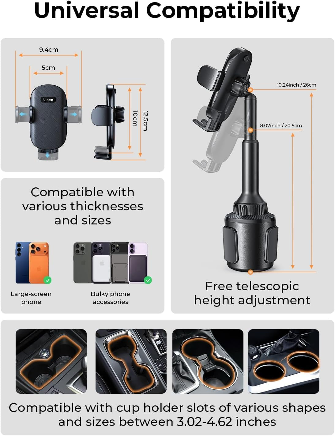 Cup Holder Phone Holder [No Shaking] Phone Holder for Car, 360° Adjustable Iphone Holder Car Accessories for Women Truck Jeep Golf for Iphone 17 Pro Max 16 15 14 Samsung S25 All 4-7'' Phone