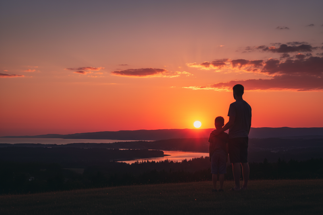 father and son looking at the sunset